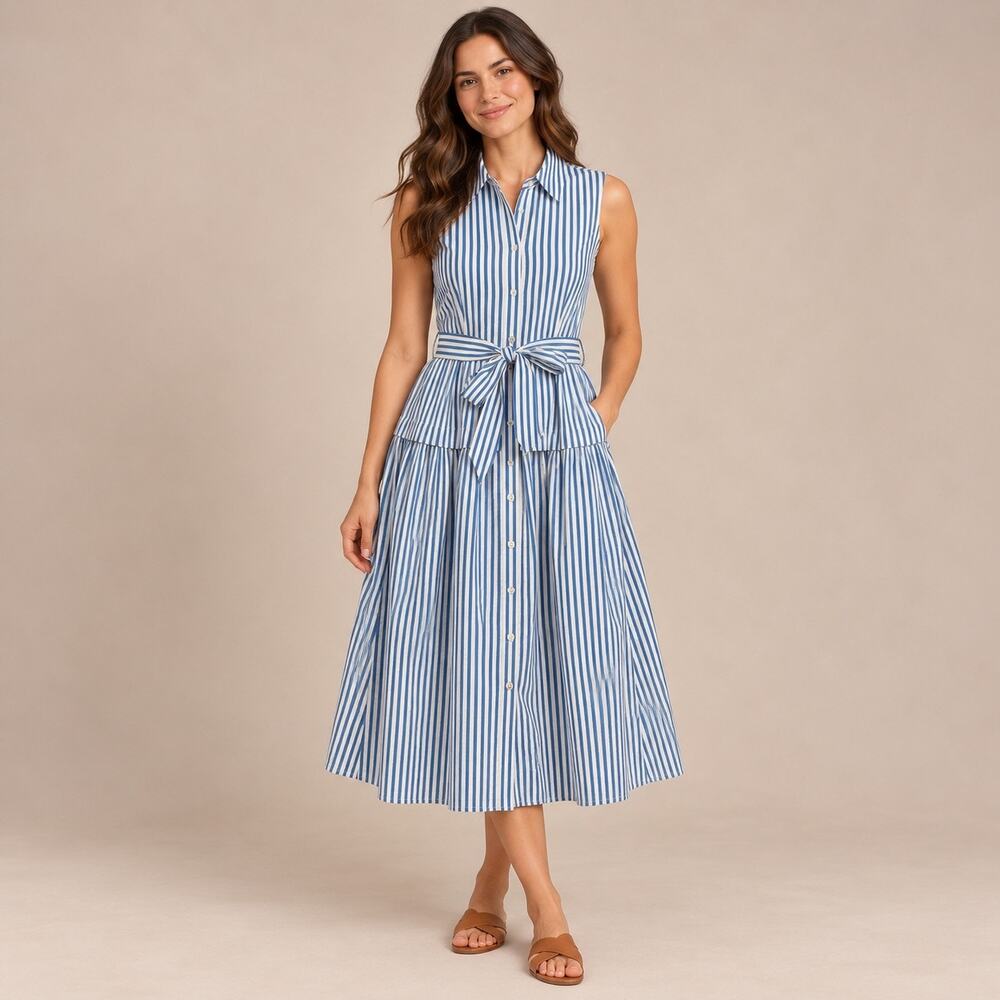 NWT Entro Blue White Striped Sleeveless Belted Button Front Midi Dress Size M